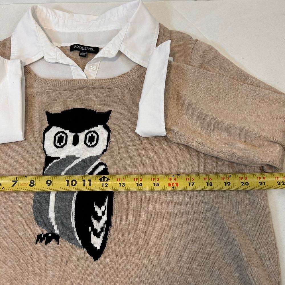 Notations Tan Owl Print Sweater Faux Collar Cuff Knit Long Sleeve Women’s 1X - Picture 6 of 7